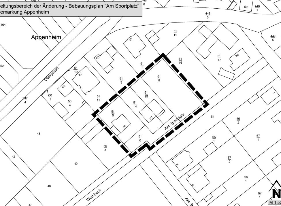 Zu sehen ist der Geltungsbereich des Bebauungsplans - Am Sportplatz 5. Änderung 